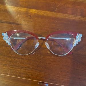 Red, crystal embellished, cat eye eyeglasses. Add prescription/sunglass lenses